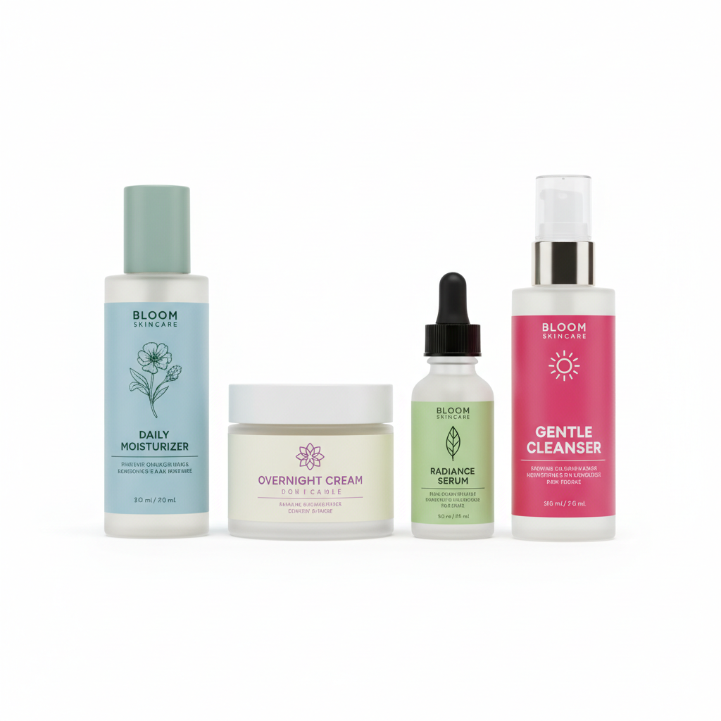 Bloom Skincare old inconsistent product photos with mismatched colors and fonts