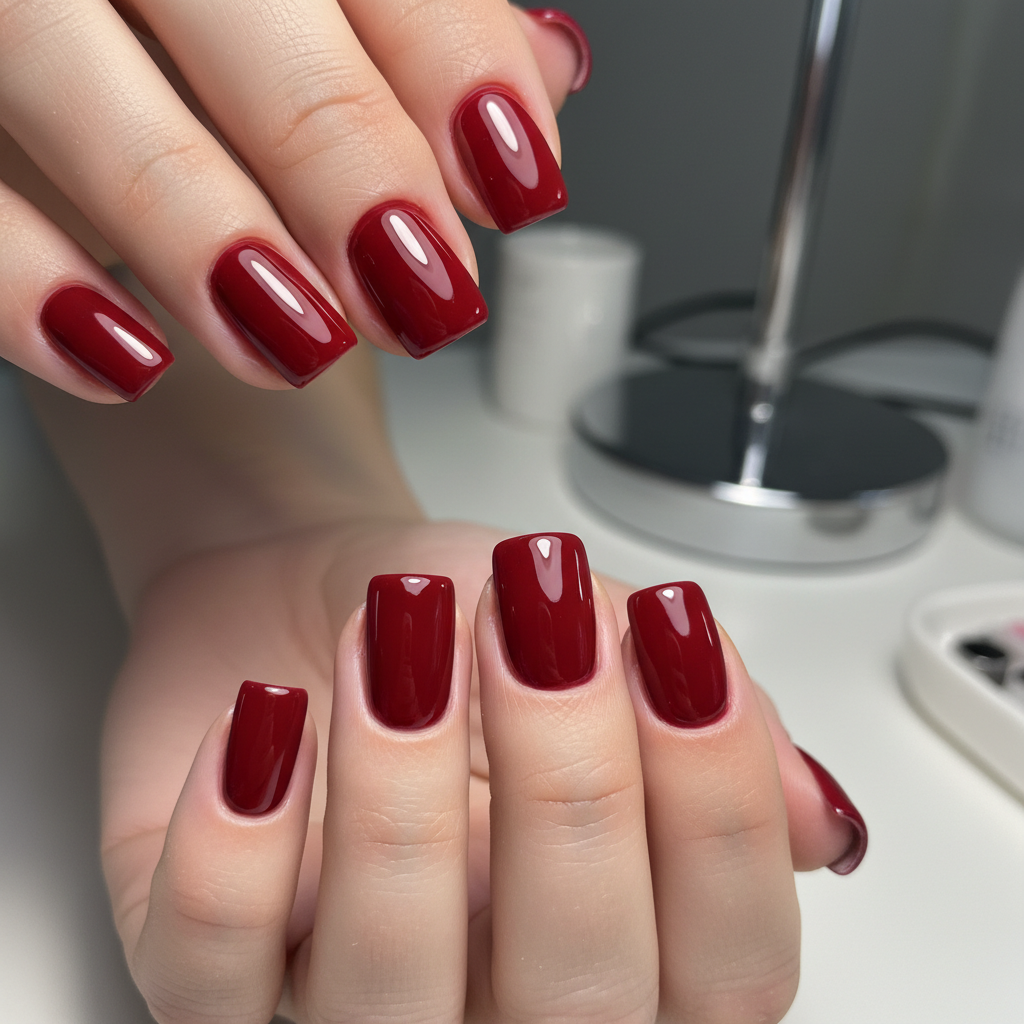Glossy deep rose gel manicure on elegantly shaped nails, high-shine finish under bright studio lighting