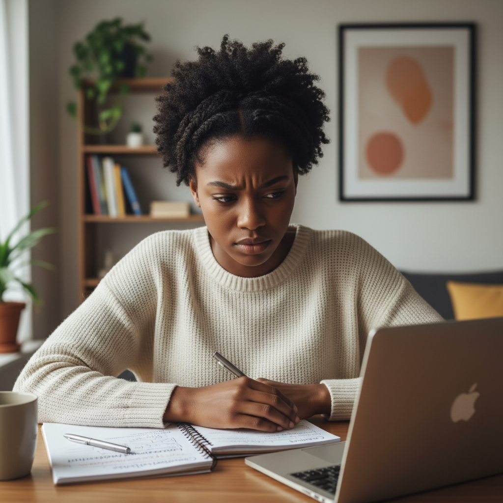 African Nigerian woman completing digital healthcare registration on laptop in a bright modern Nigerian home, authentic African woman, natural skin tone, focused expression
