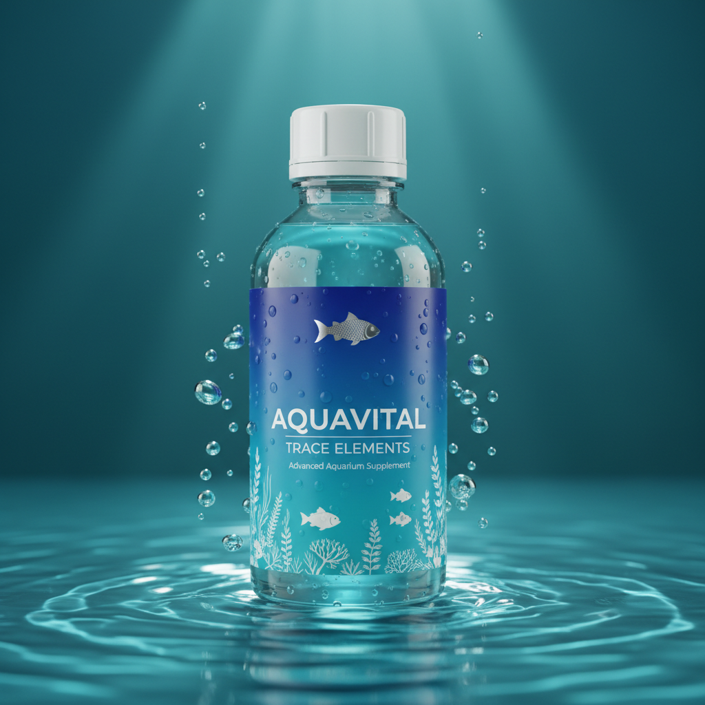 Close-up of aquarium supplement bottle with teal water background