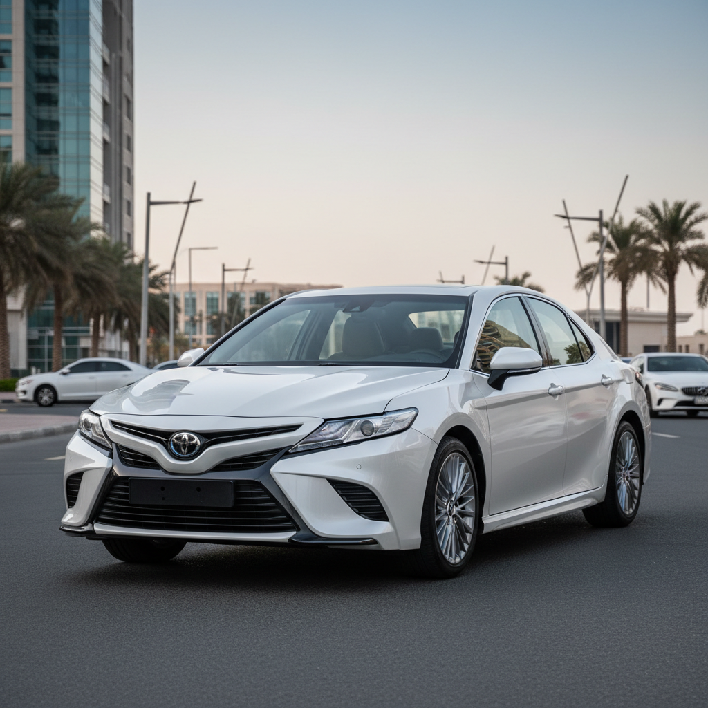 White Toyota Camry parked on clean street in suburban area