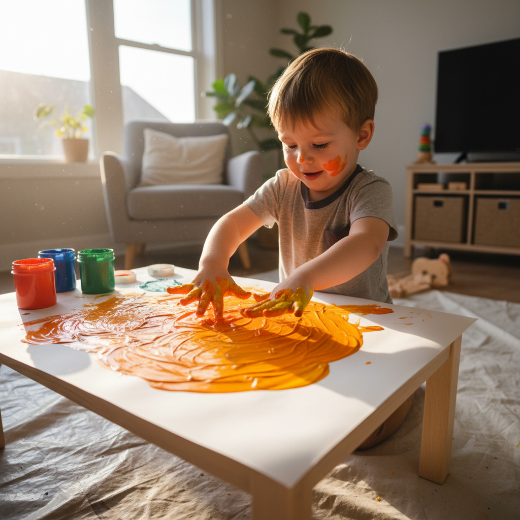 Young child finger painting with bright orange and yellow colors on large paper