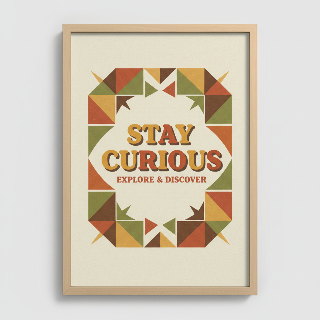 Mid-century inspired "Stay Curious" typographic art print with retro geometric border