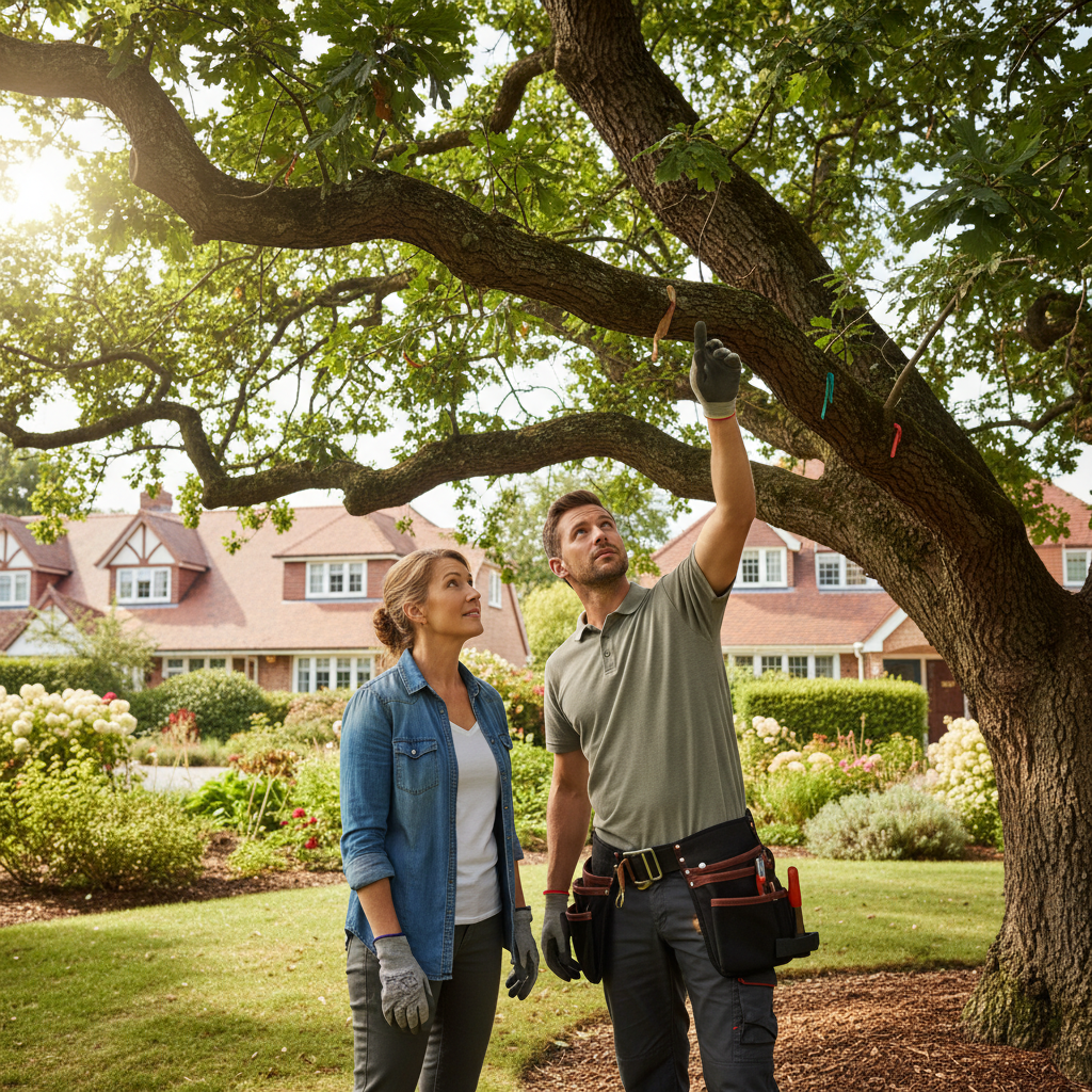 Professional tree pruning with healthy mature tree in residential landscape setting