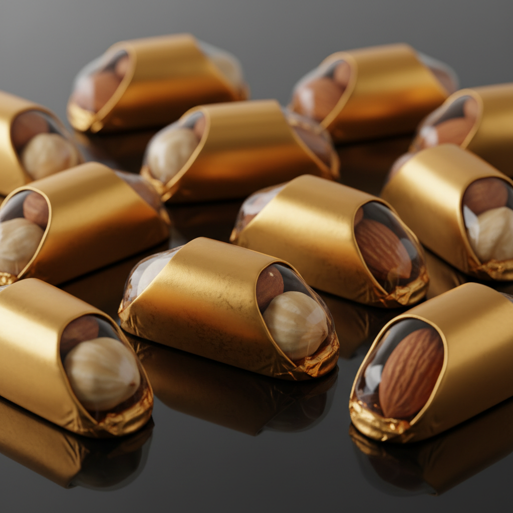Broken praline revealing hazelnut heart center, gold foil wrapping beside it
