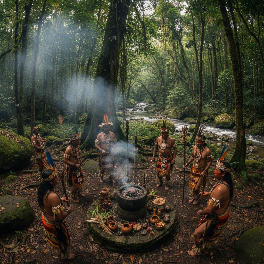Tribal elder with traditional face paint and colourful ceremonial attire in lush forest setting, bright midday light