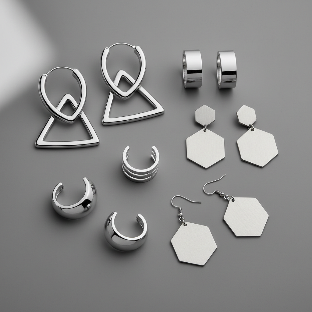 Bright polished silver jewellery collection - shiny silver earrings and pendants