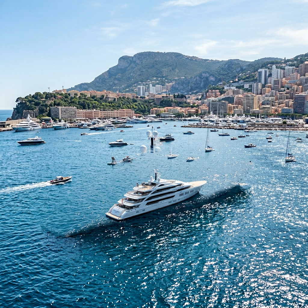 Enormous white superyacht Pacific Dream anchored in Monaco bay