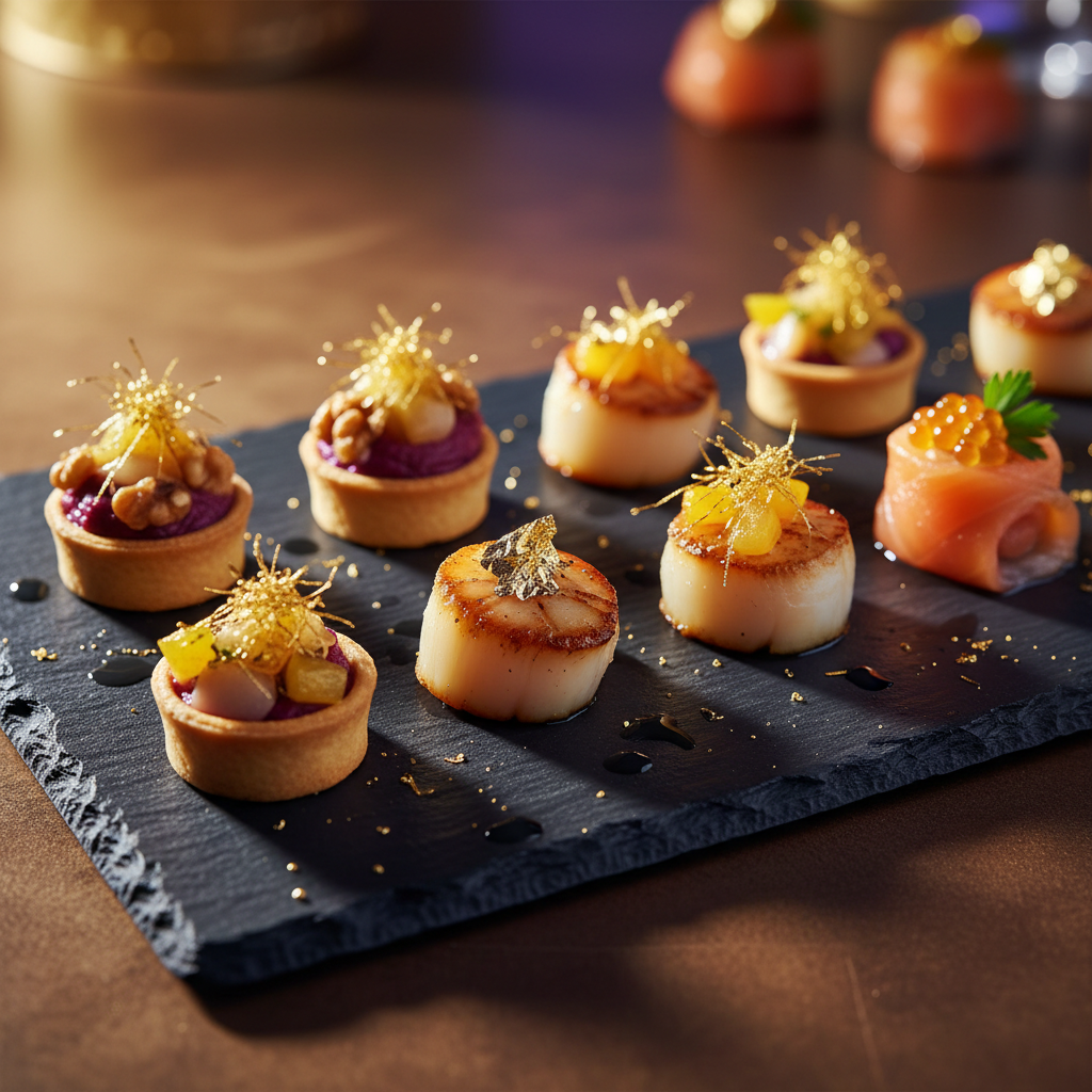 Artisan appetizer display with garnished canapés on dark serving board in dim setting