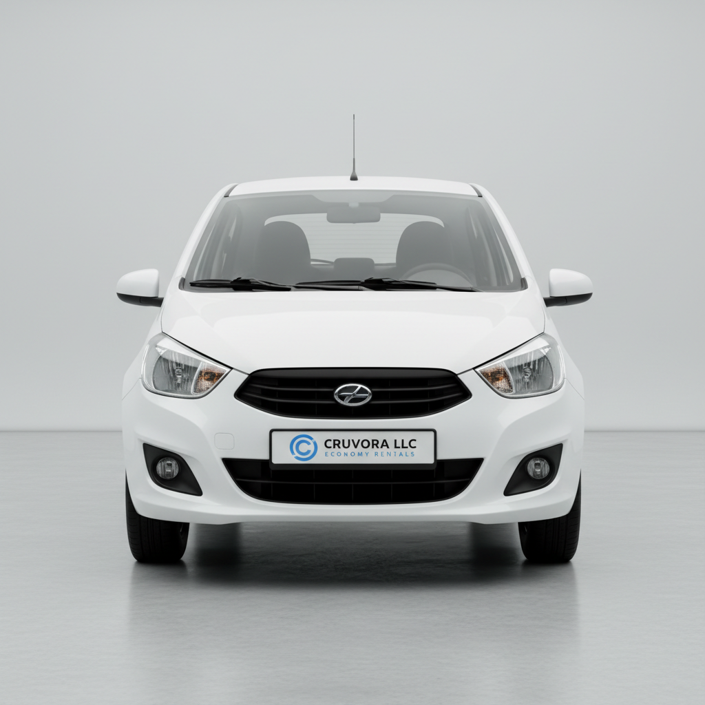 Small white economy car representing Cruvora LLC economy rental category for affordable daily transportation