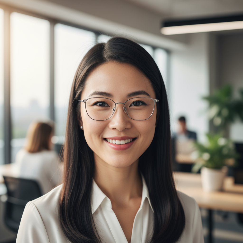 Asian woman with straight black hair smiling in casual professional wear