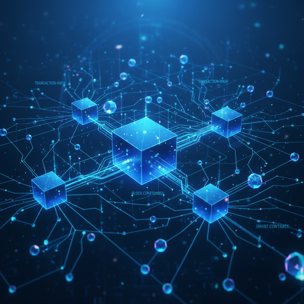 Blockchain network diagram showing distributed ledger nodes and transaction flow