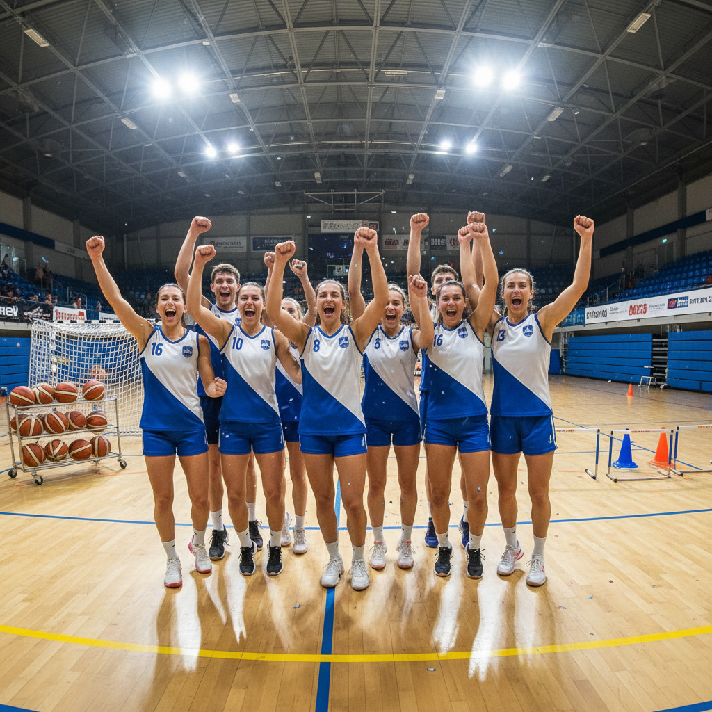 Team celebrating after drill completion, fists raised in sports hall
