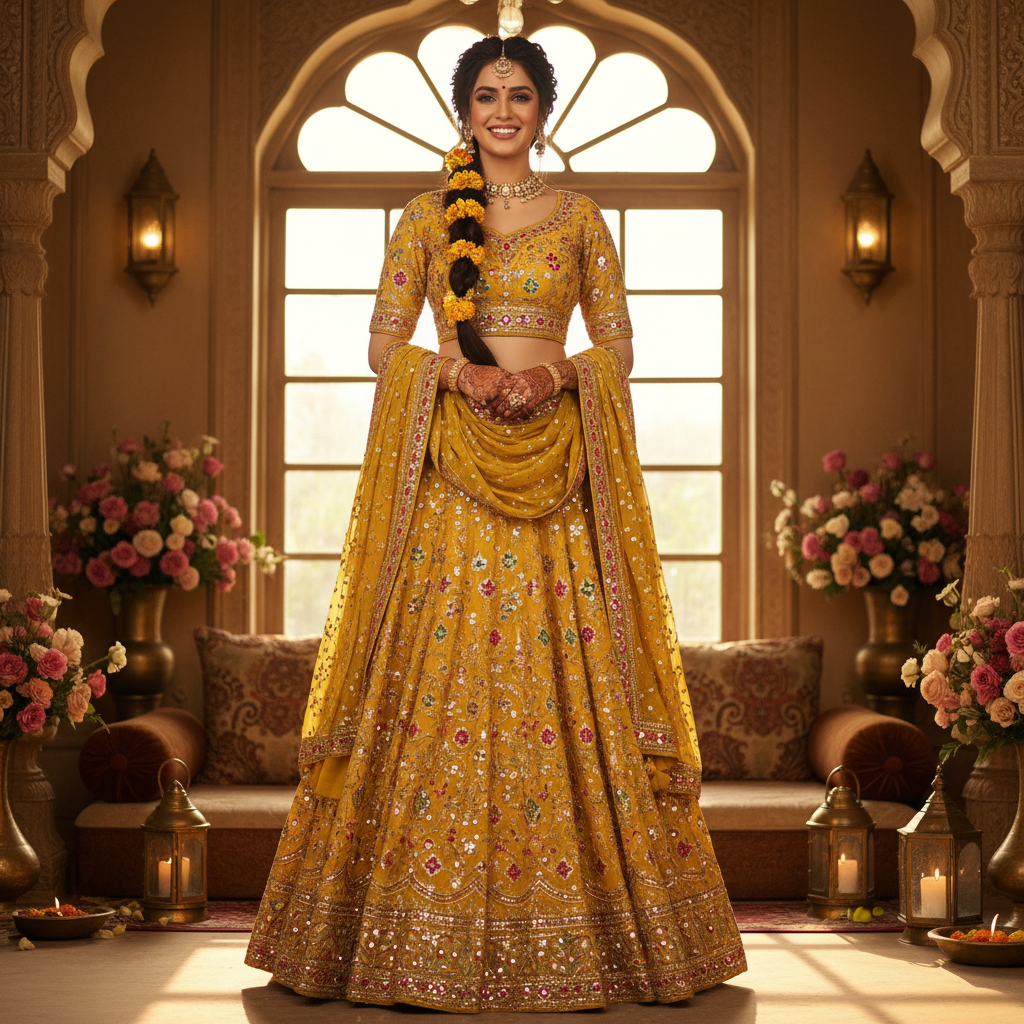 Yellow sharara set with mirror work for haldi ceremony