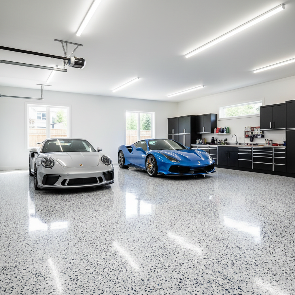 Spotless grey flake epoxy garage floor in Cronulla home, two cars parked on glossy surface, clean organised space with bright LED lighting