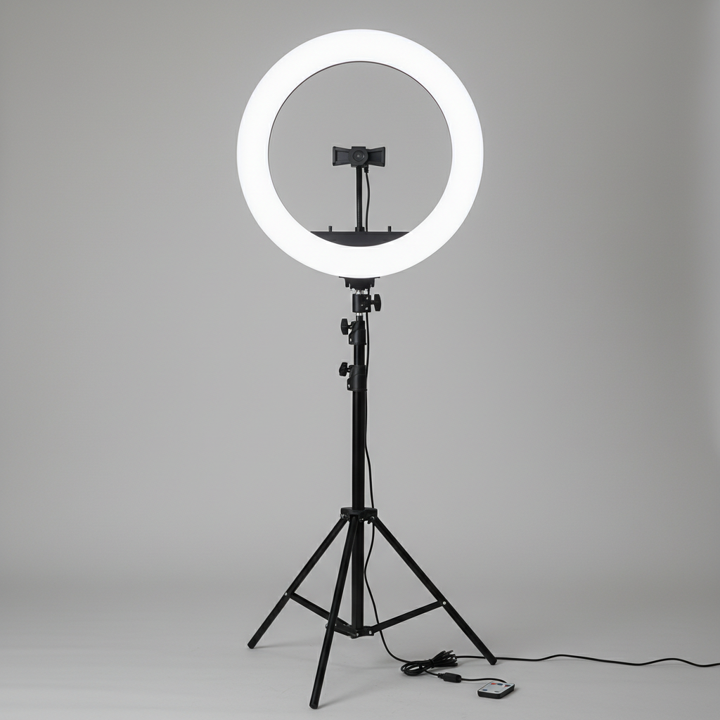 LED ring light with adjustable tripod stand in studio setting