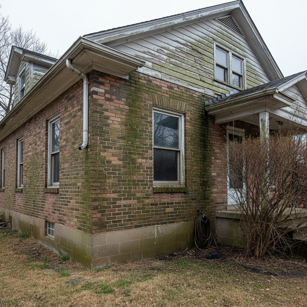 Close-up of green algae growth on vinyl siding showing organic staining pattern