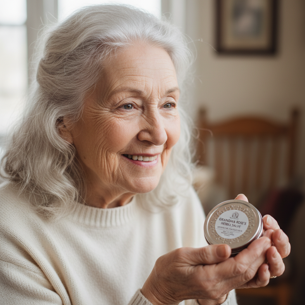 Older woman with silver hair smiling warmly, holding a small tin of salve