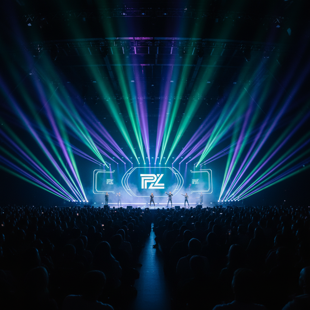 Conference stage with colorful lighting and large crowd at product launch event