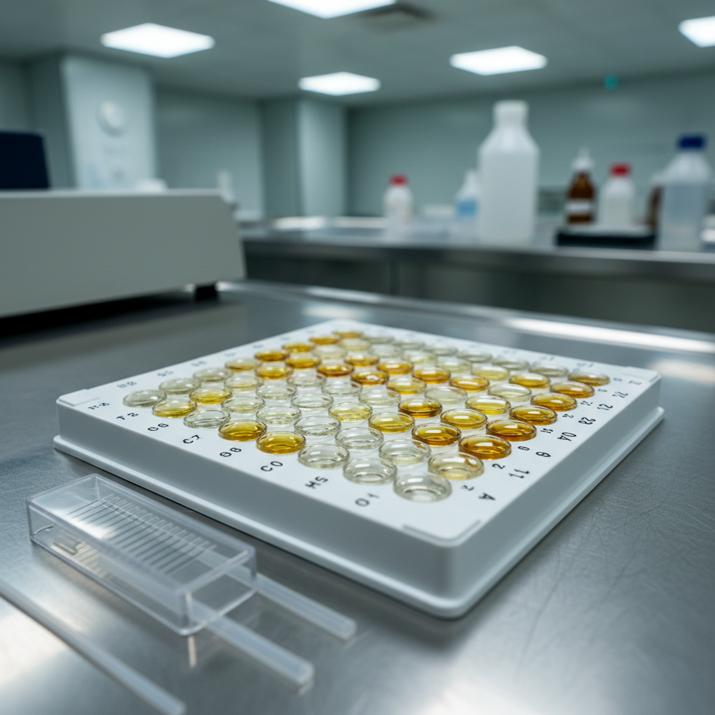 Enzyme assay plate with colorimetric reaction wells, clinical bright lighting