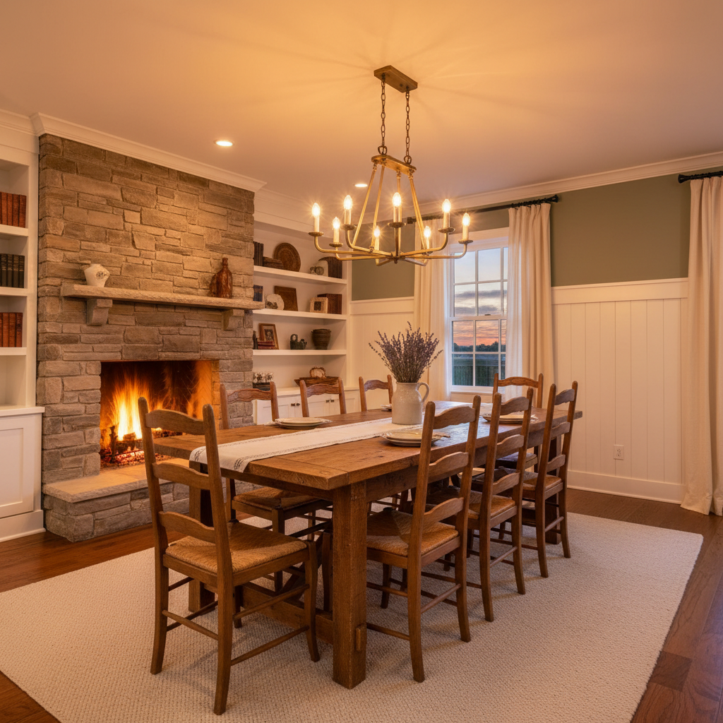 Finished dining room bathed in amber evening light with wainscoting and farmhouse table