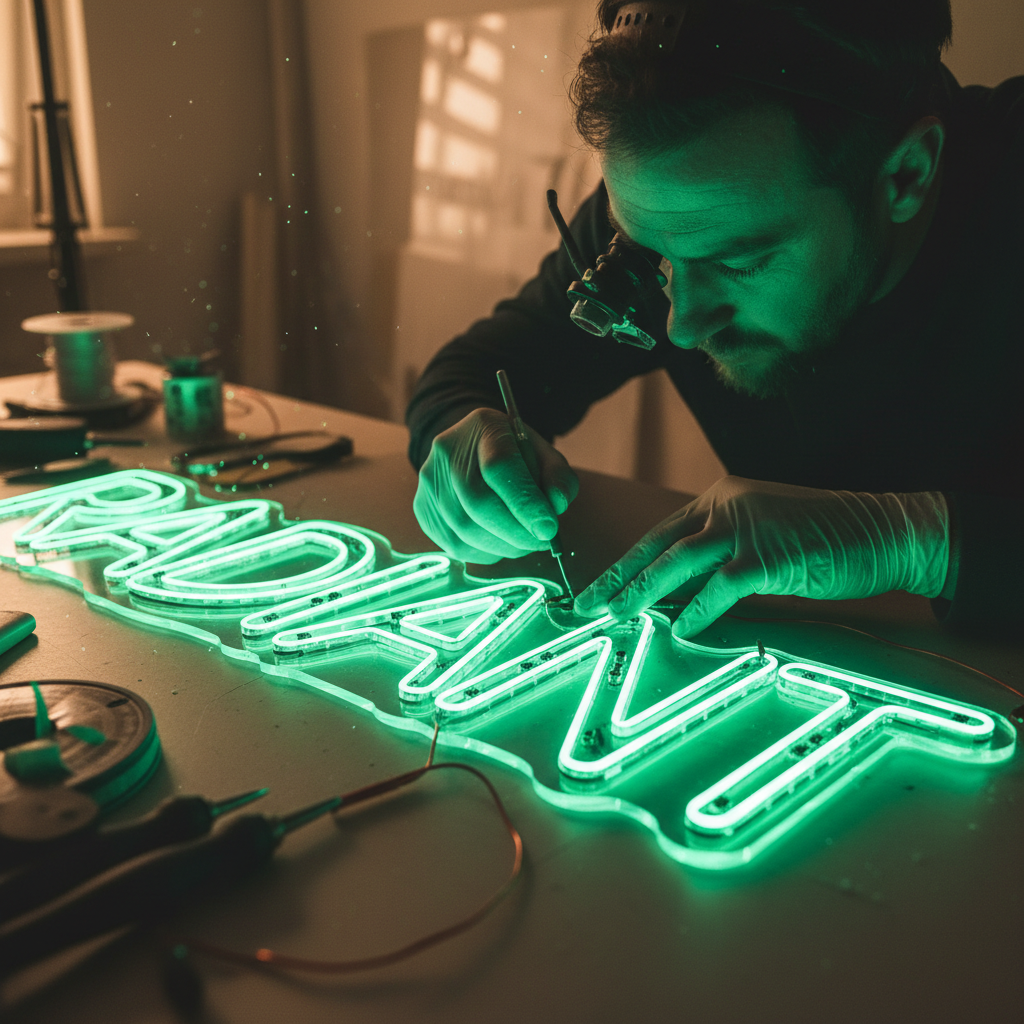 Craftsman assembling custom LED neon sign in workshop, bright neon tubes on dark background