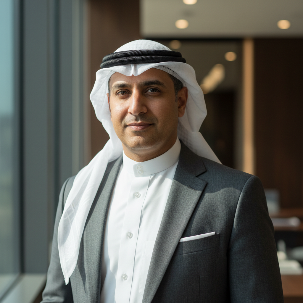 Middle Eastern man in white traditional dress with modern suit jacket in luxurious office environment