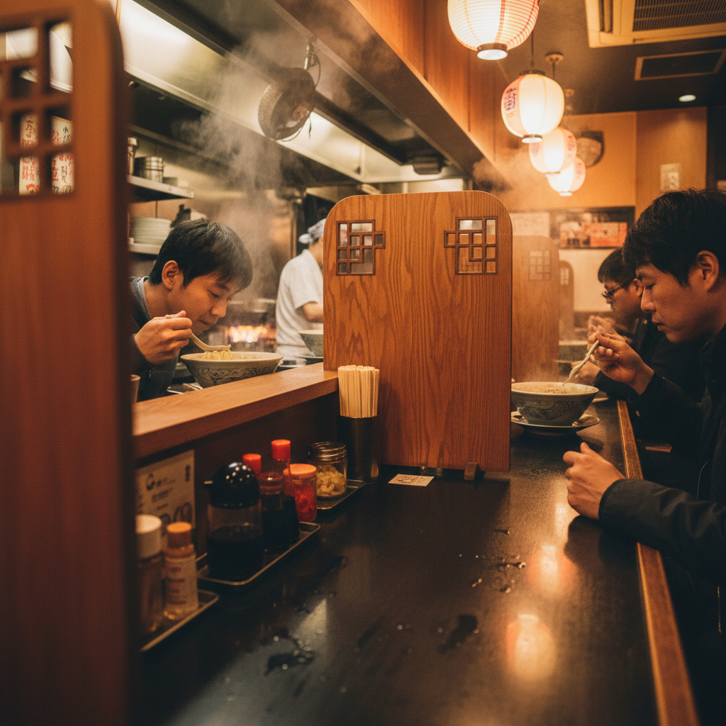 Traditional Tokyo ramen counter with solo diners separated by wooden partitions