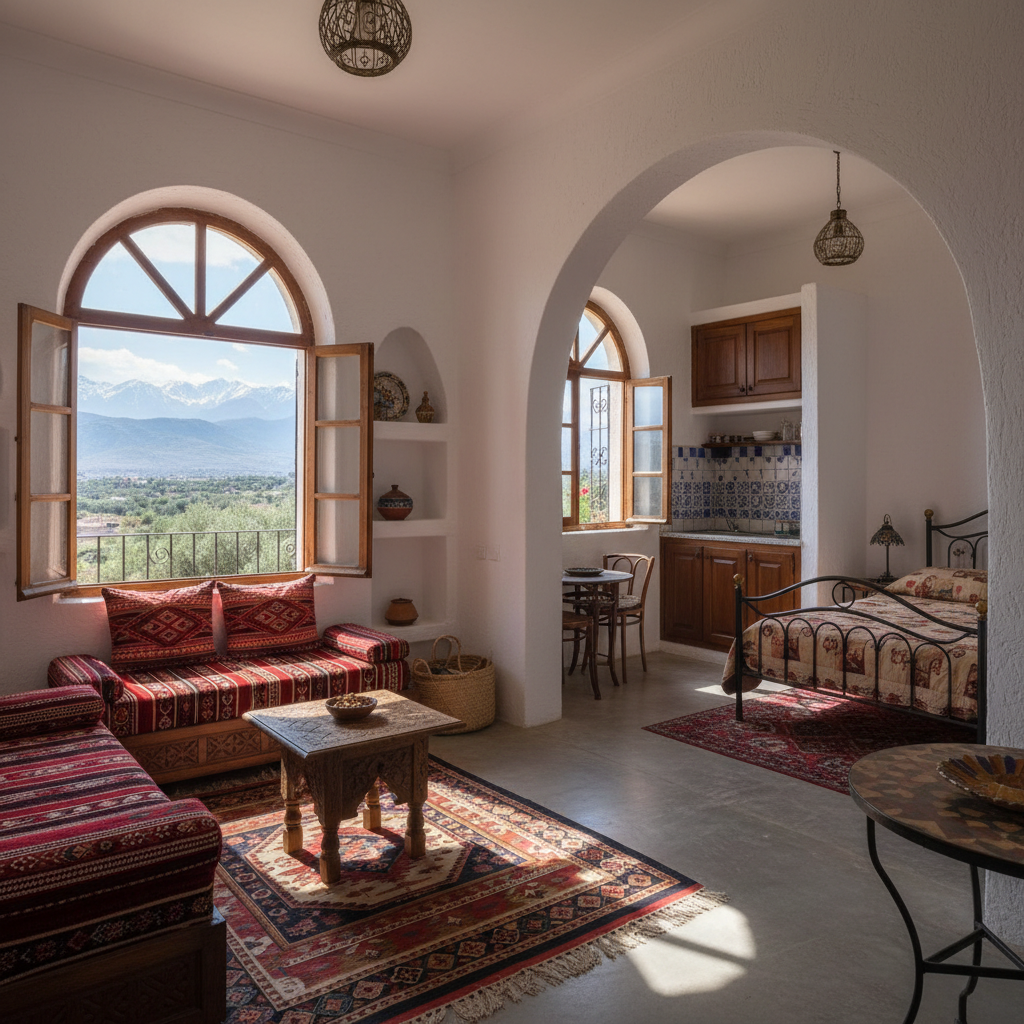 Cozy homestay room with traditional Indian decor and mountain view window