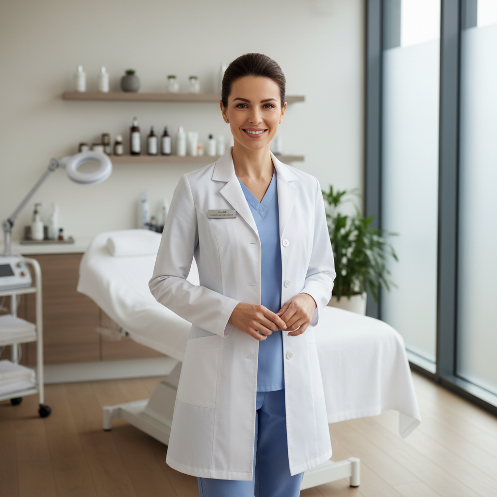 Confident female nail artist in a pristine white salon coat, soft studio portrait lighting against warm cream wall
