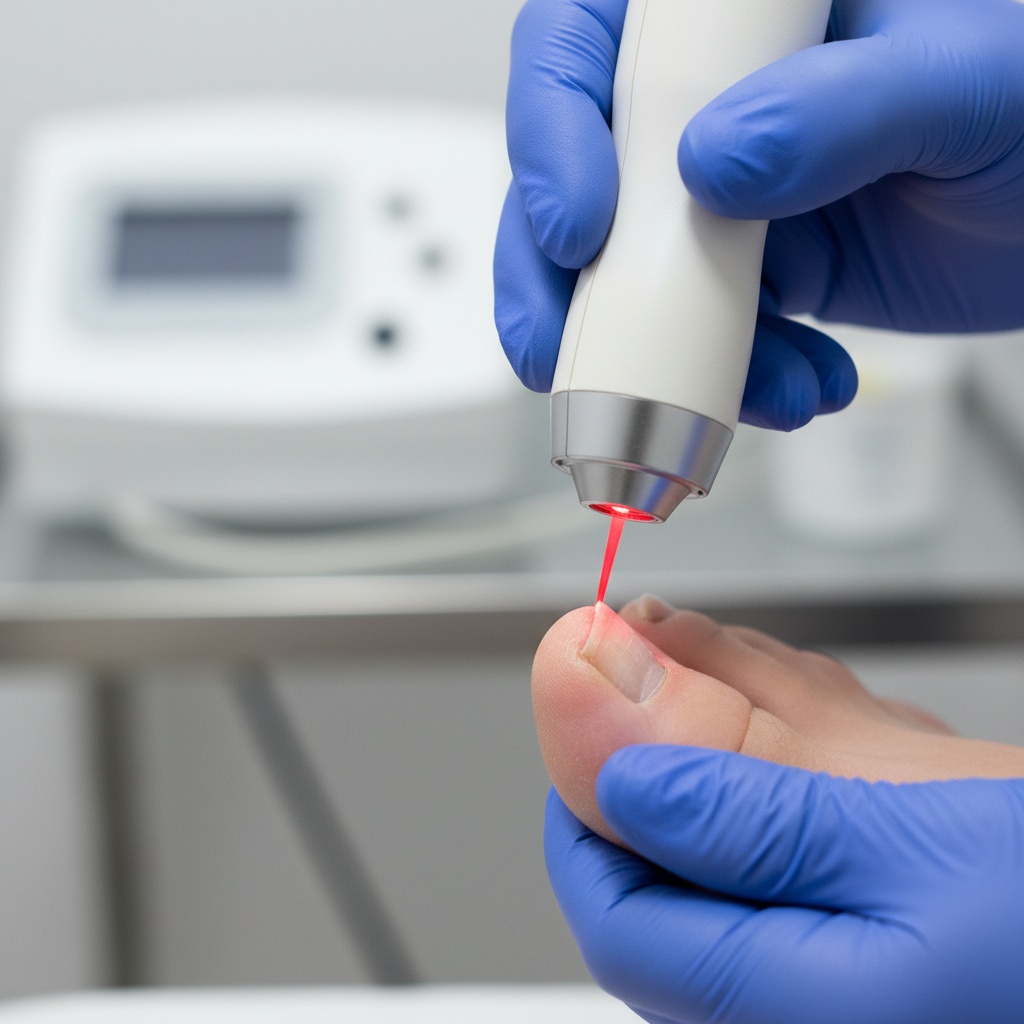Close-up of professional nail examination in bright clinic, dermatologist hands examining patient nails under good lighting