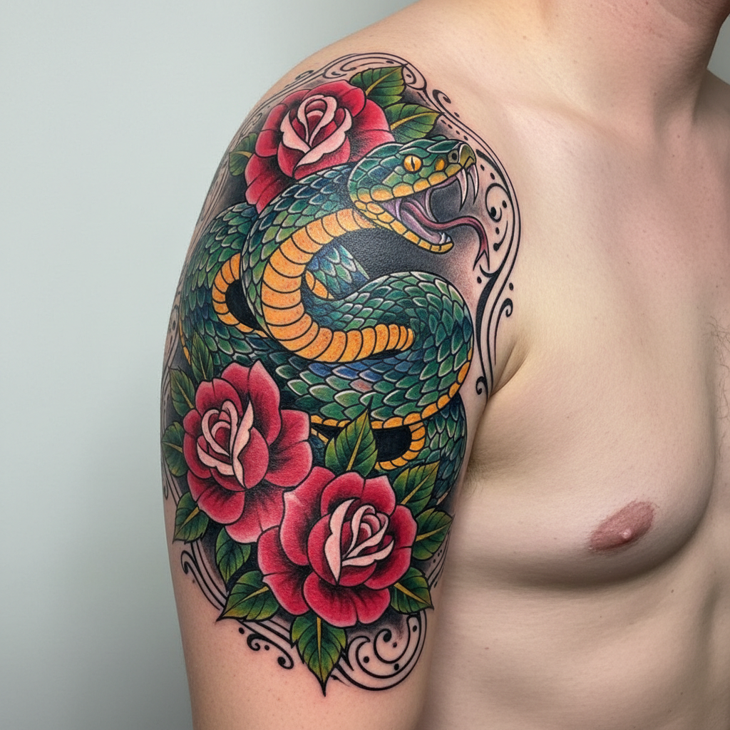 Neo-traditional snake and rose tattoo on upper arm with bold saturated colors
