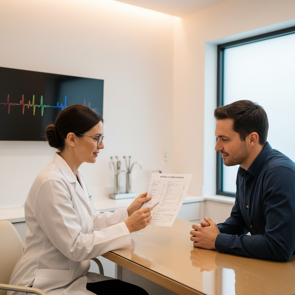 Doctor reviewing health checkup results with patient in bright clinic