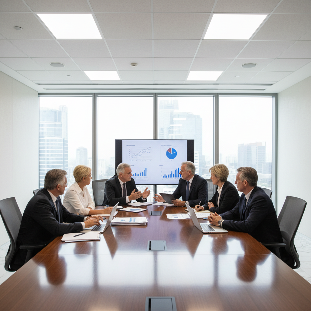 Modern executive boardroom with floor-to-ceiling windows overlooking city — strategic business environment