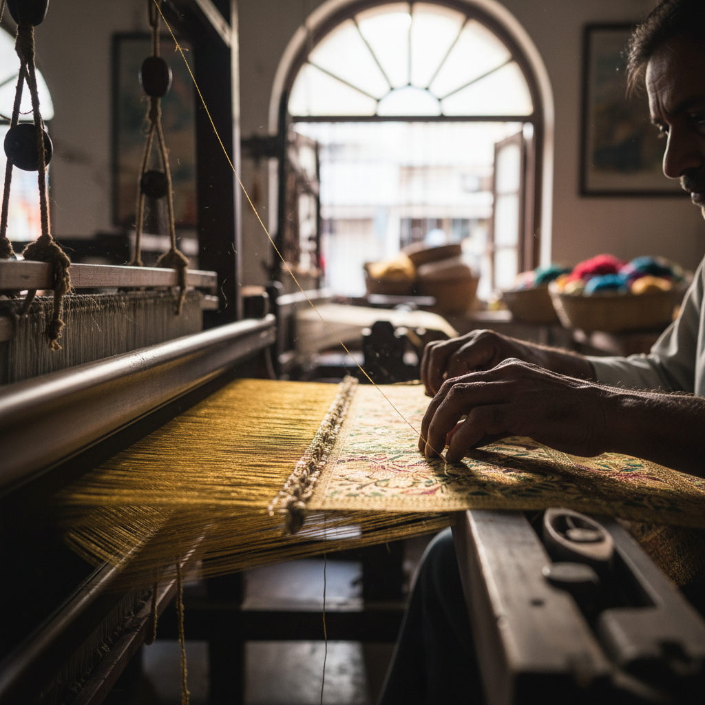 Hands of a master weaver pulling gold zari thread through a Banarasi loom in Varanasi, the weave forming in real time