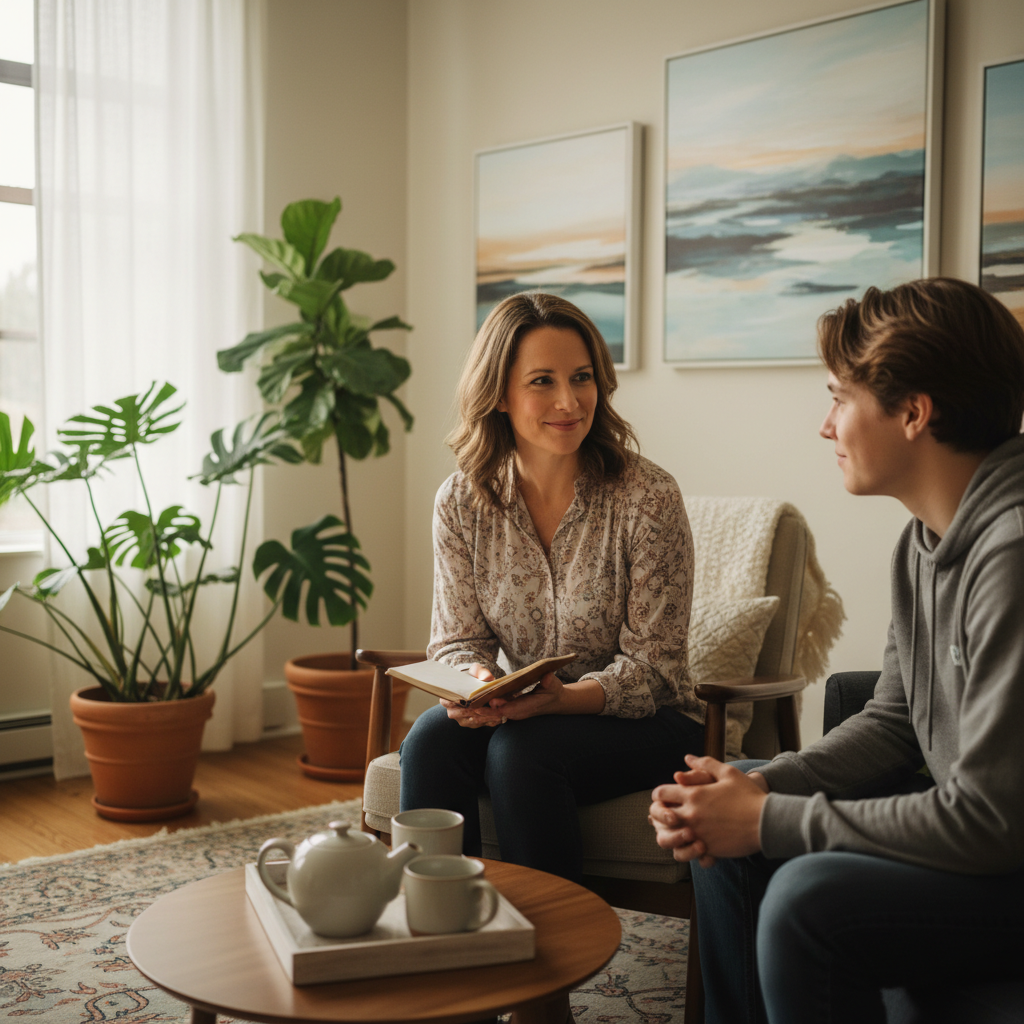 Welcoming therapy office with comfortable seating and affirming decorations