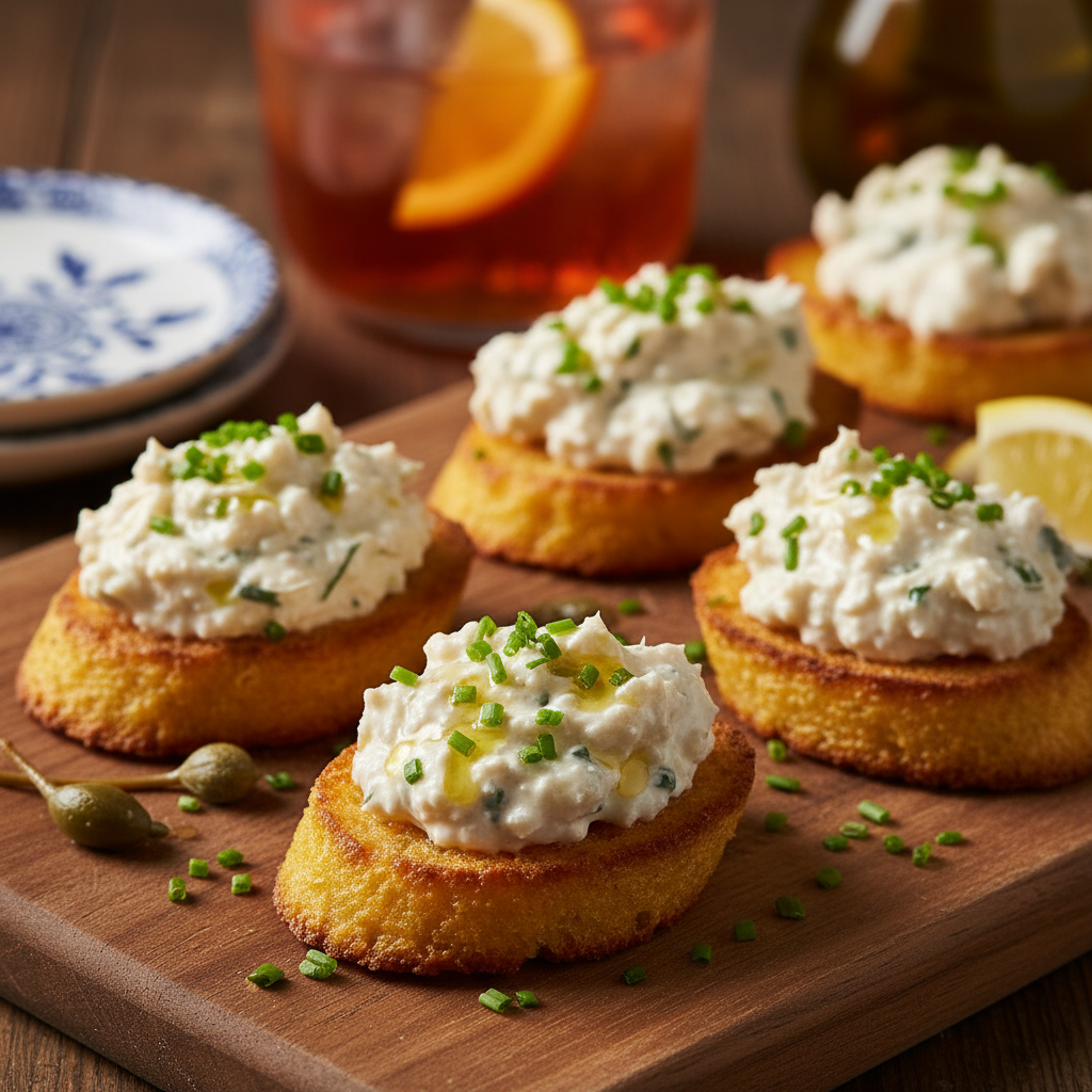 Creamy salt cod spread on polenta crostini, traditional Venetian cicchetti