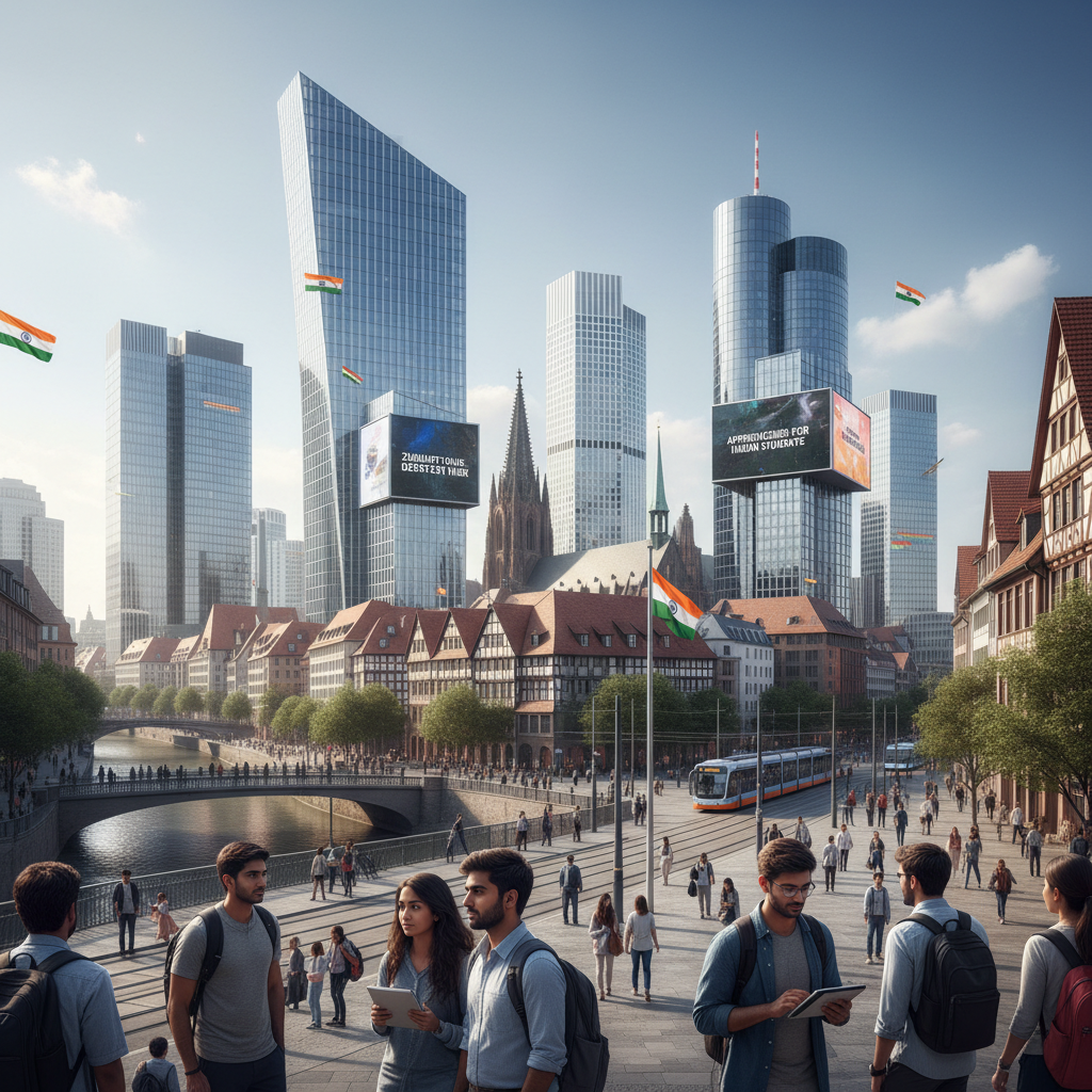 German city skyline representing Ausbildung career opportunities for Indian students