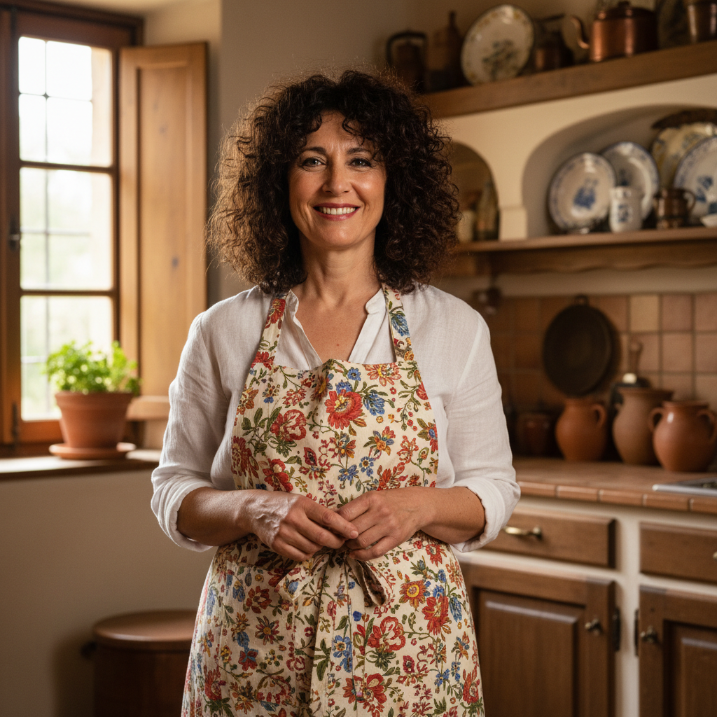 Italian woman with dark hair laughing in kitchen environment