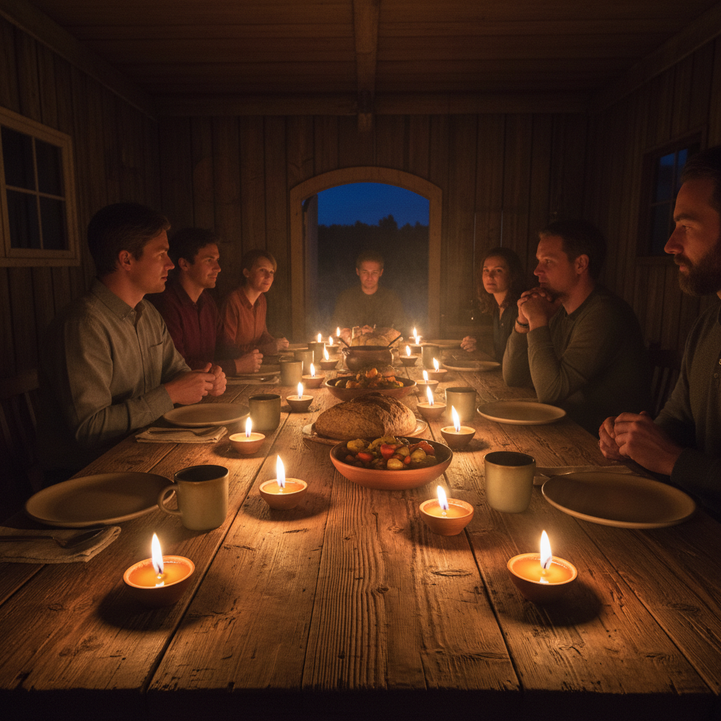 Intimate farmhouse dinner table lit by dozens of butter lamps, warm golden glow against dark wooden walls