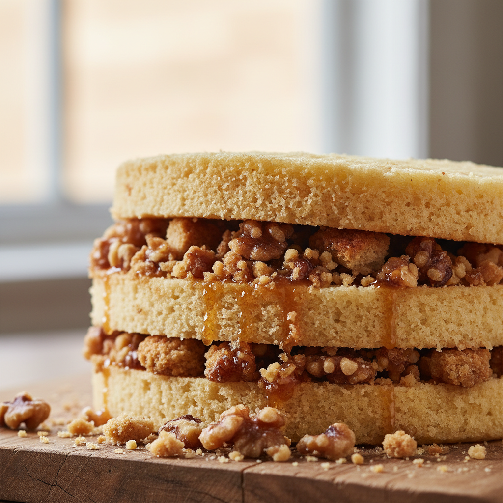 Walnut praline crumble detail between naked cake layers