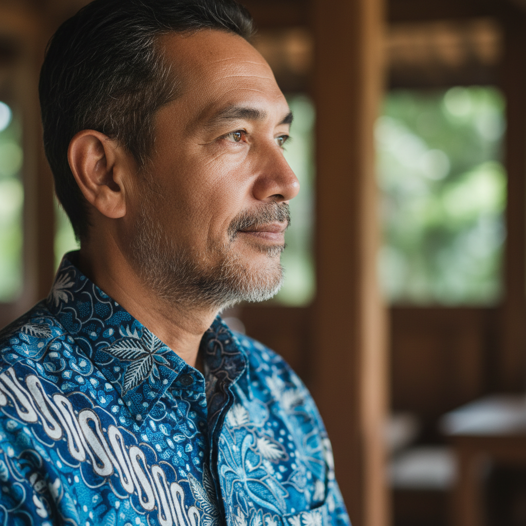 Foto profil Budi Santoso, pria paruh baya berbaju batik, tersenyum ramah