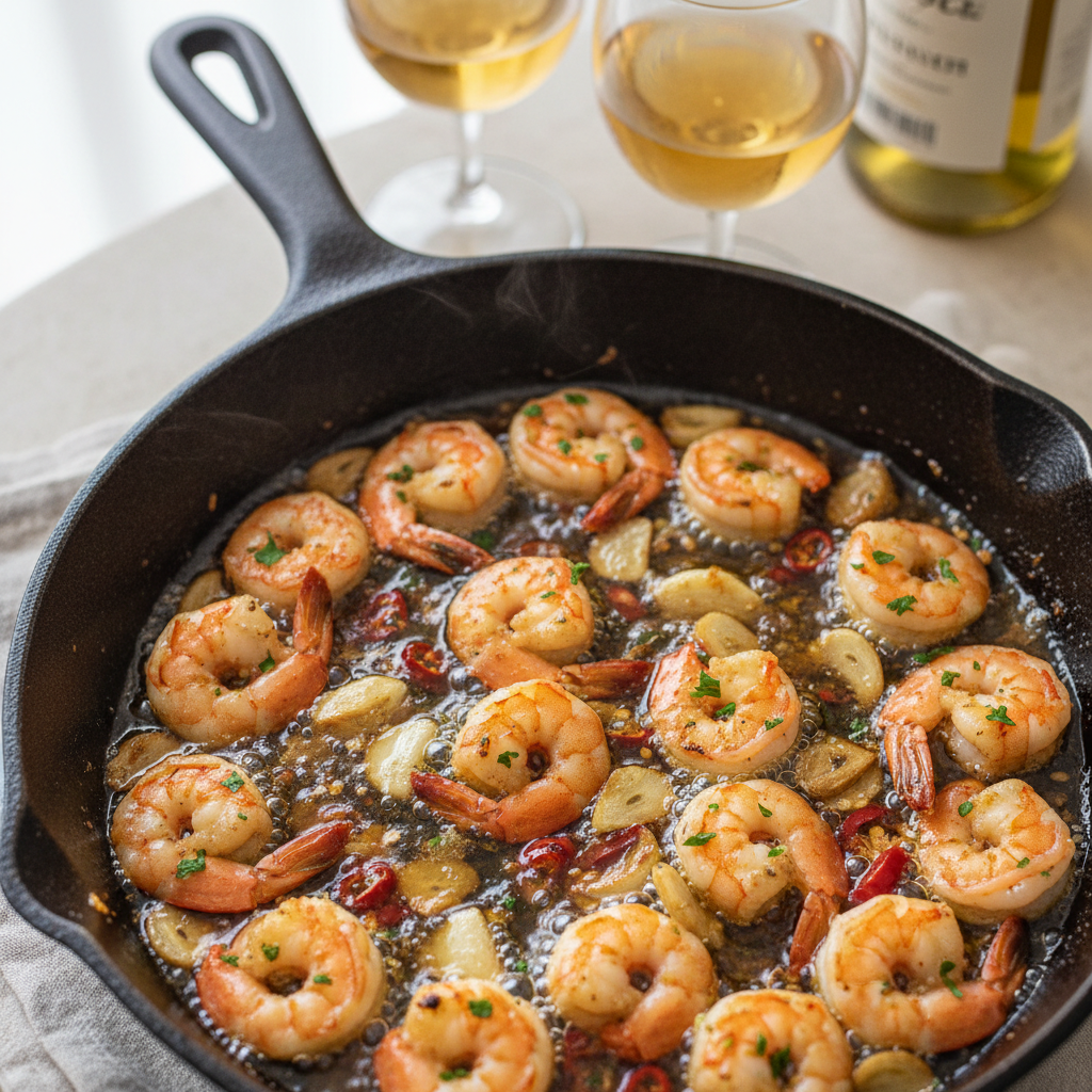Cast iron pan of sizzling gambas al ajillo with garlic and chili oil, shot from above on a worn wooden table with wine glasses in soft bokeh