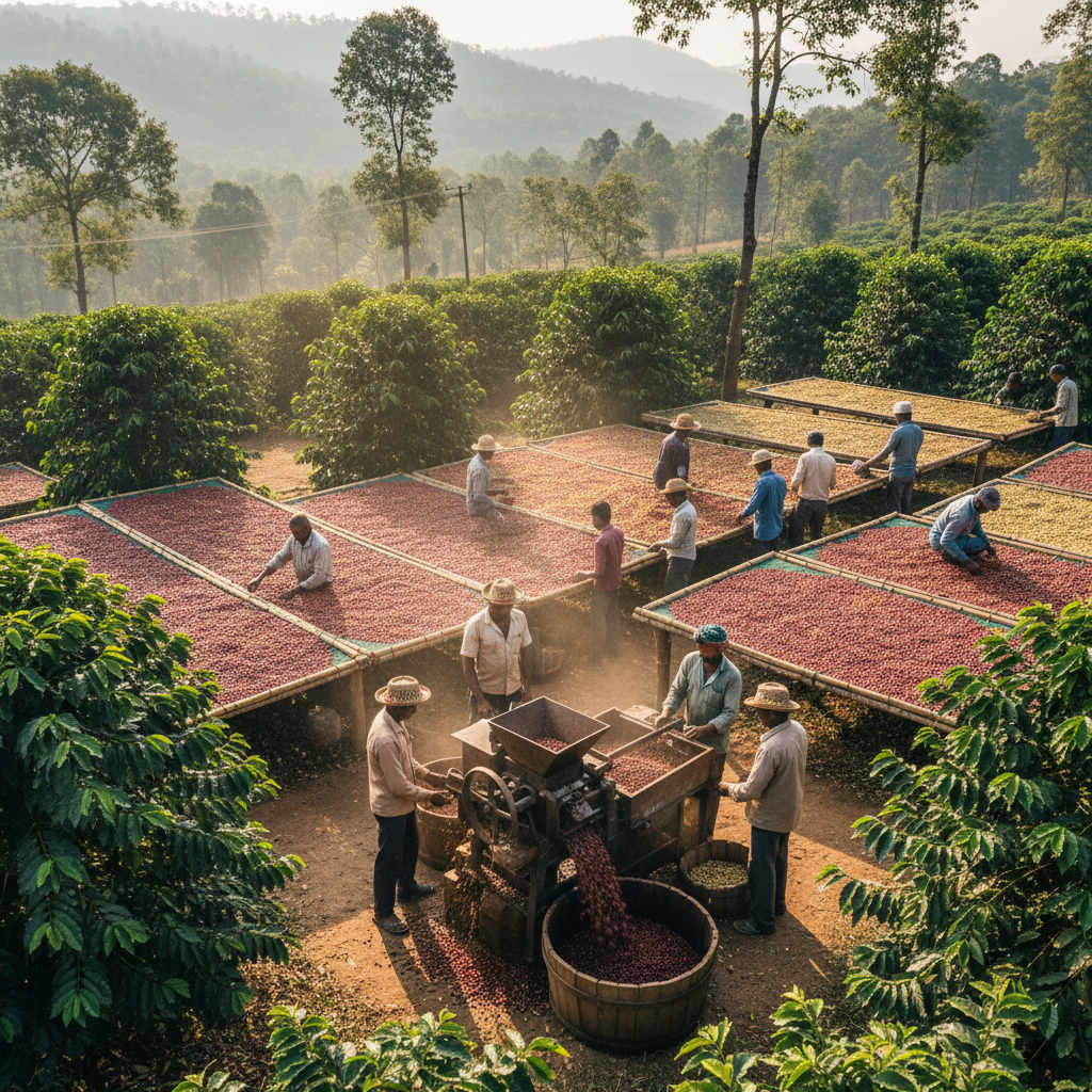 Coffee beans and plantation in soft natural light, rich brown tones, atmospheric indoor museum lighting