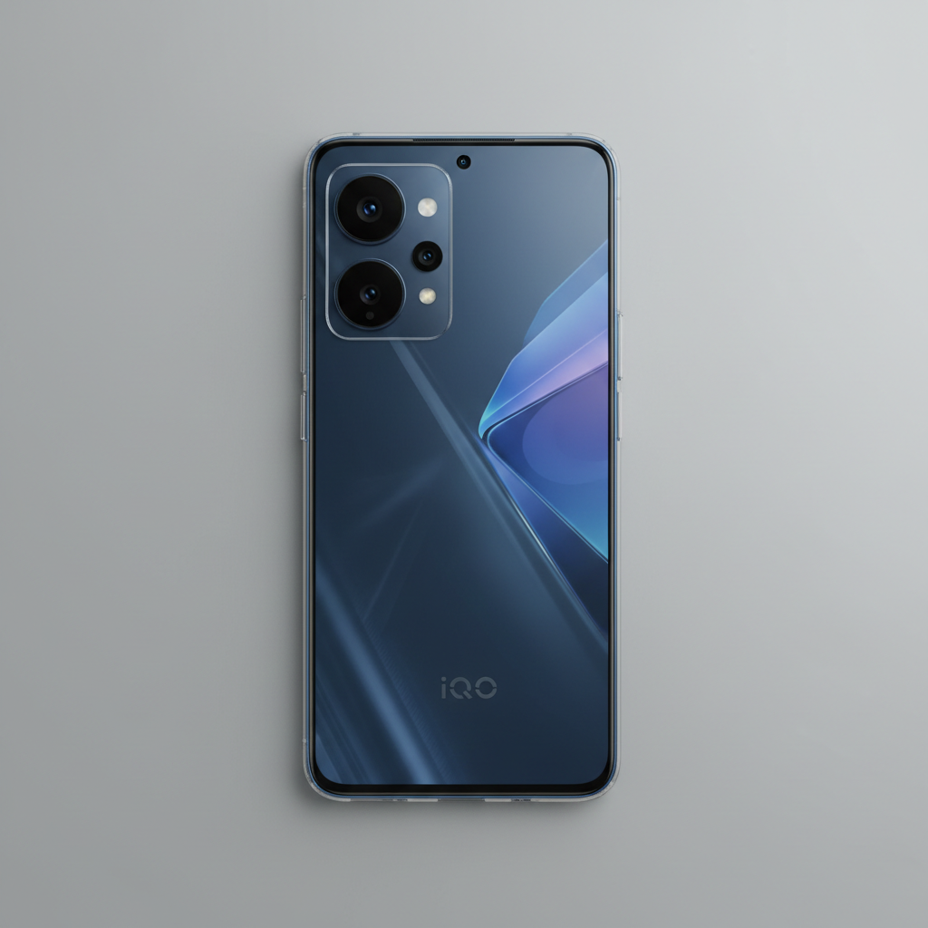 Dark blue iQOO smartphone on black background with glowing screen