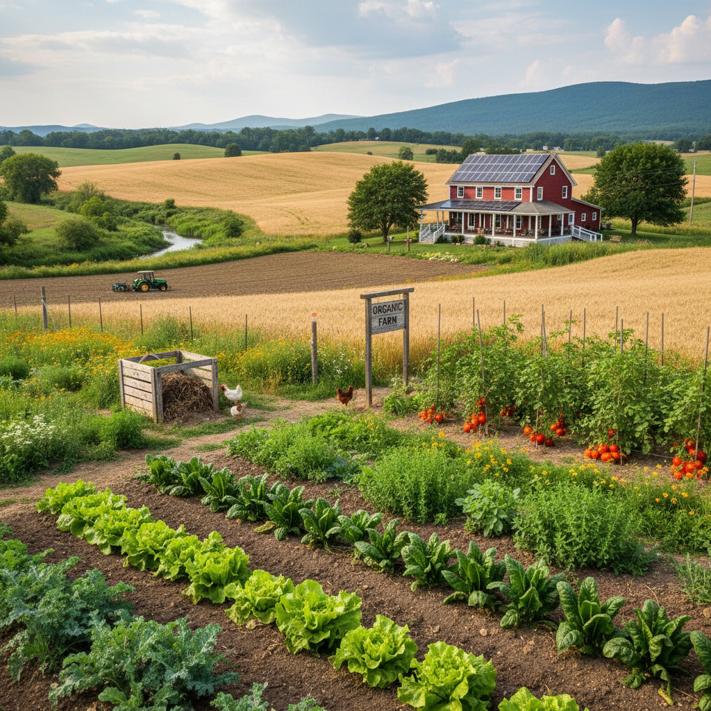 Organic farm with lush green fields and fresh produce representing Appelicious Foods ingredient sourcing