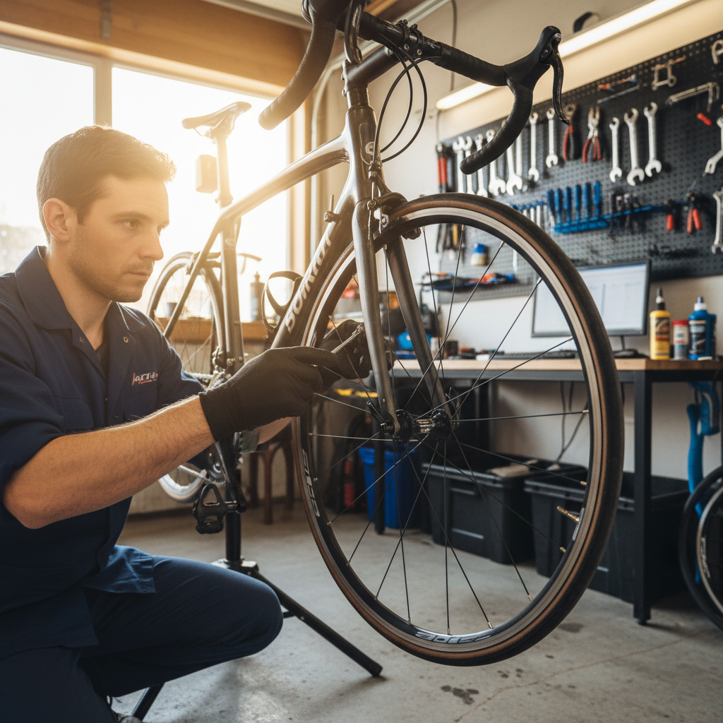 Full bicycle tune-up in progress with mechanic checking multiple components in a well-lit workshop