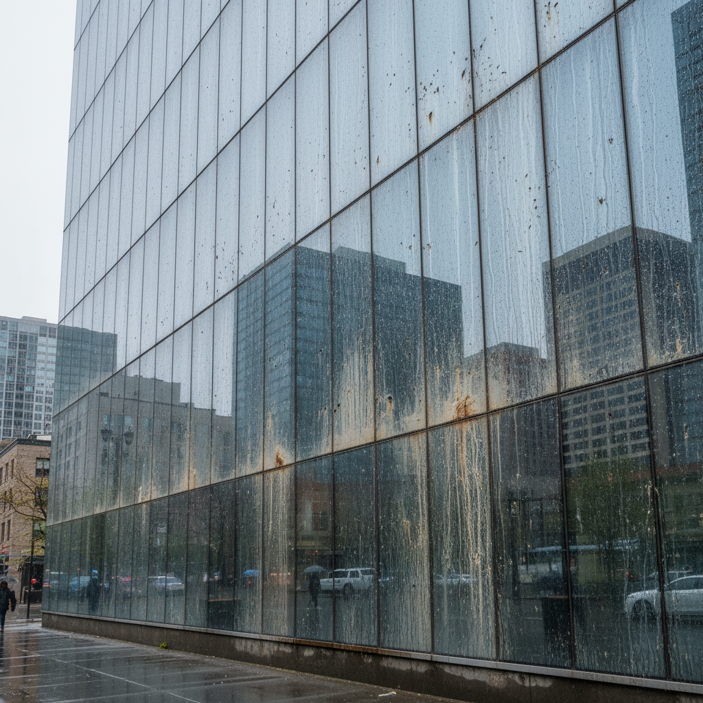 Before photo: streaked and rain-stained glass curtain wall on a Belltown high-rise building with visible grime and water marks