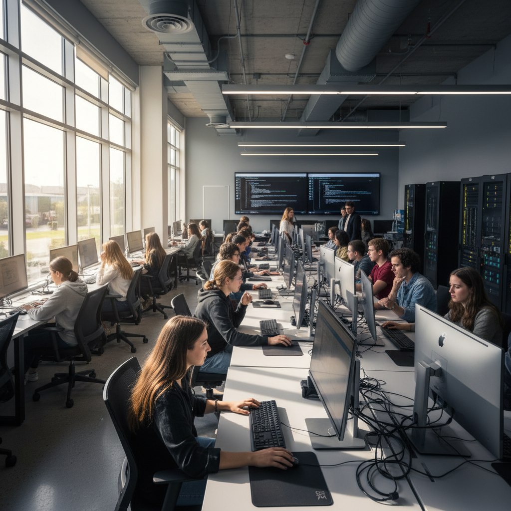 Modern computer lab with rows of desktop computers and students working in bright room