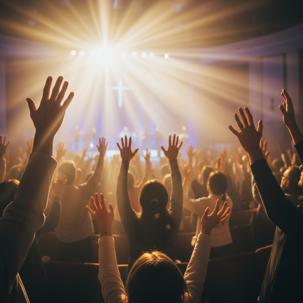 Congregation with hands raised in worship, warm stage lighting, atmospheric church setting